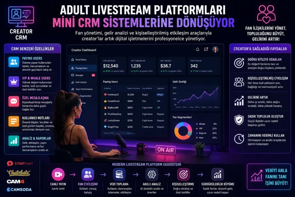 Creator CRM sistemlerini ve adult livestream platformlarında kullanılan fan yönetimi araçlarını gösteren dijital illüstrasyon.